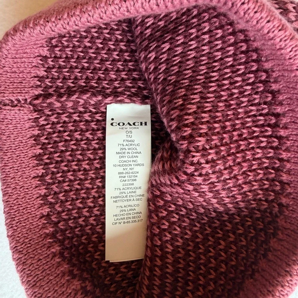 Coach Colorblock Knit Beanie Pink‎ Burgundy Wool Blend Hat NOWT Logo Winter